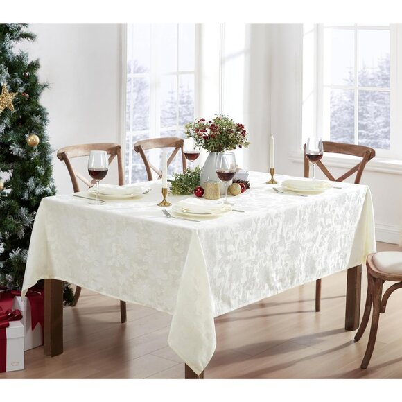 Ivory Holiday Tablecloth, 52x70” Damask Weave with Poinsettia Design, Easy Care - Picture 2 of 9